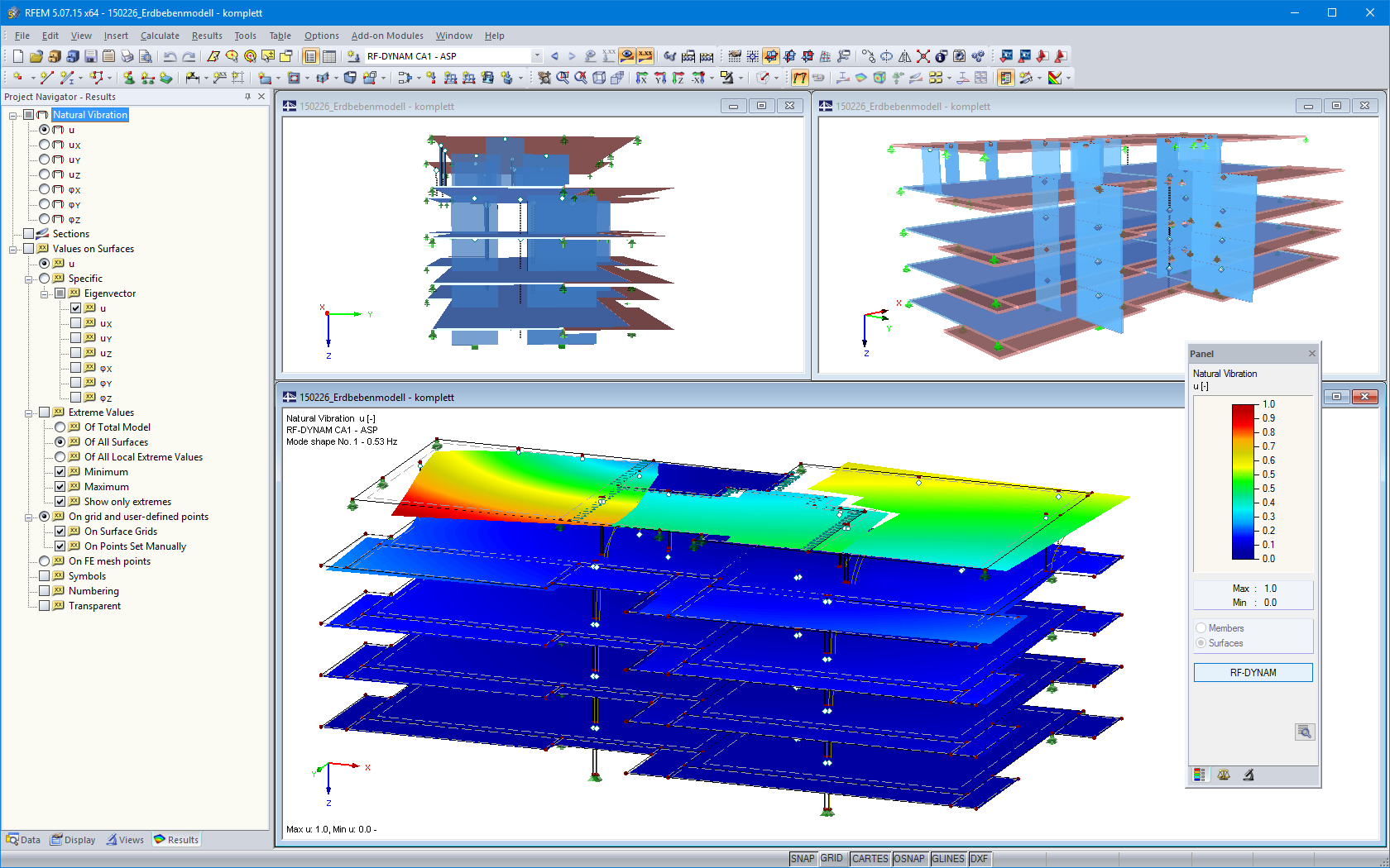 Model pięciokondygnacyjnego drewnianego domu pasywnego w RFEM z pierwszym kształtem drgań (© Pirmin Jung Ingenieure)