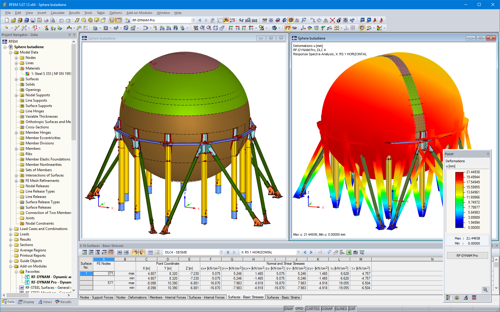 Analytisches 3D-Modell in RFEM (links) und in RF-DYNAM Pro berechnete Eigenform (rechts)