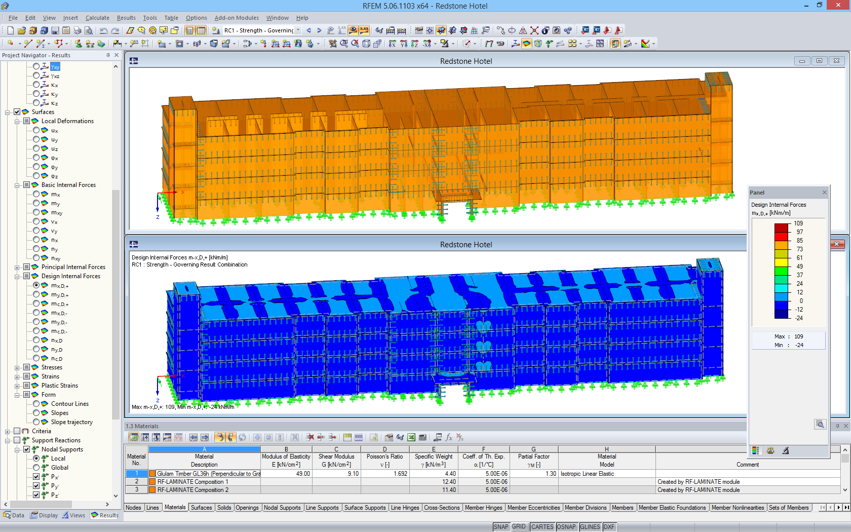 3D-Modell (oben) und Schnittgrößendarstellung (unten) der Holztragkonstruktion in RFEM (© Nordic Structures, © Schaefer)