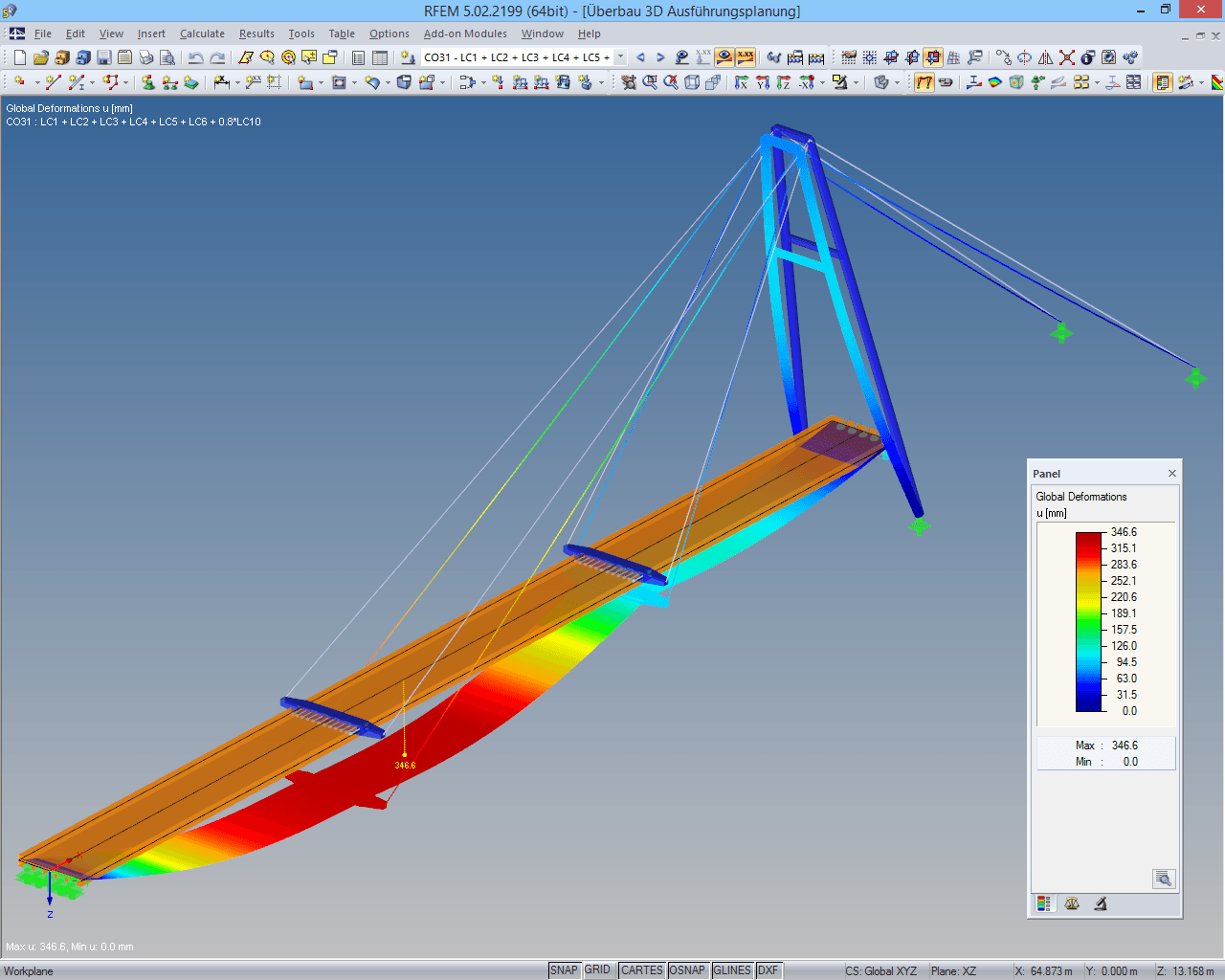 RFEM-Modell der Pylonbrücke mit Darstellung der Verformung (© IB Robert Buxbaum)