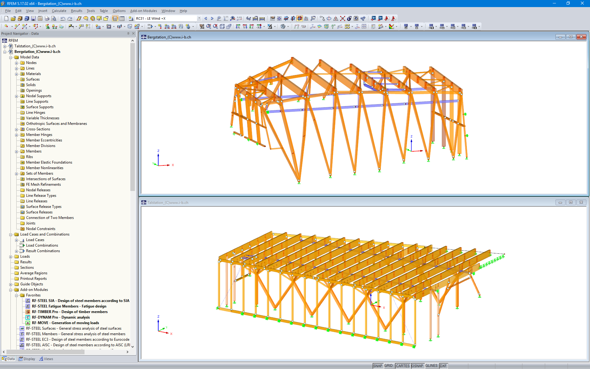 Model stacji górnej (u góry) i stacji dolnej (dół) w RFEM (© Indermühle Bauingenieure)