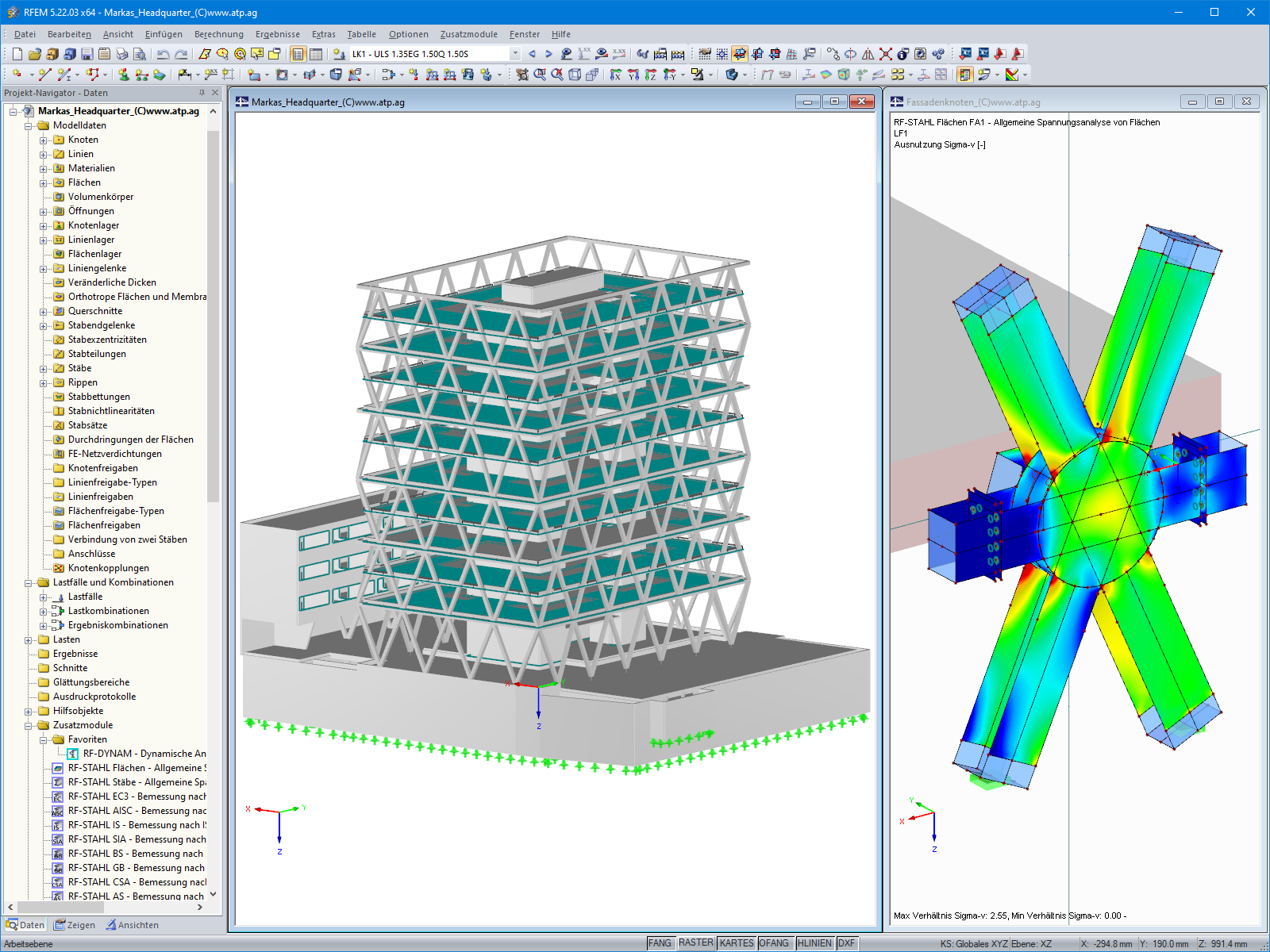 Model 3D siedziby Markas (po lewej) i analiza naprężeń węzła kratownicowego w RFEM (po prawej, © ATP)