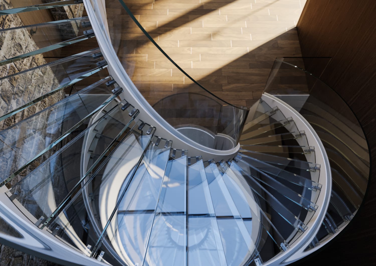 Widok z góry stalowych schodów spiralnych