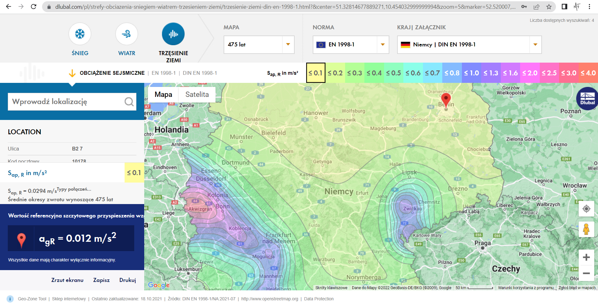 'Narzędzie do geolokalizacji: mapy stref śniegowych, wiatrowych i sejsmicznych' usługa online