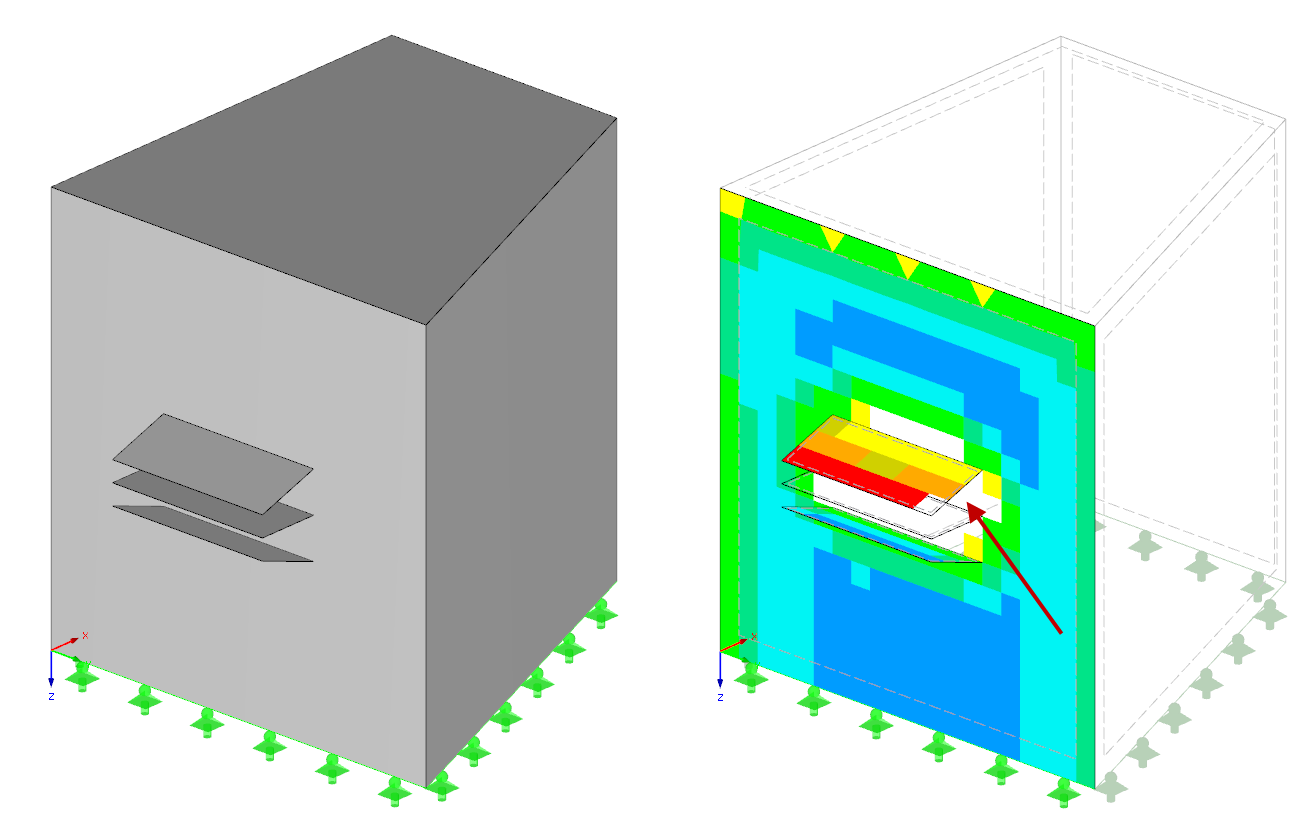 lewy Model programu RFEM | prawy Rozkład obciążenia wiatrem poszczególnych elementów ES