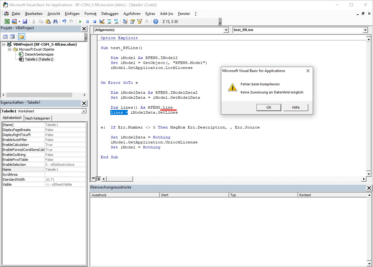 Obiekt RFEM.Line powodujący błąd wewnętrzny EXCEL