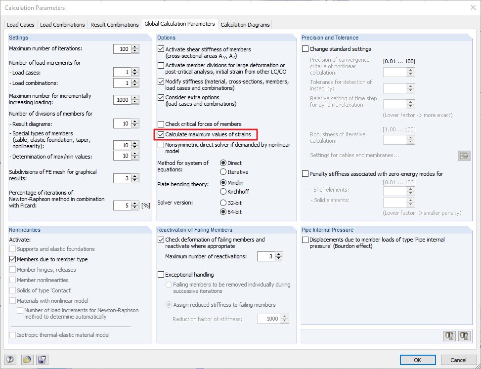 Dezaktywacja opcji obliczania maksymalnych wartości odkształceń w parametrach obliczeń