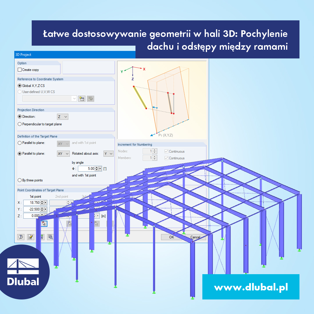 Łatwe dostosowywanie geometrii w hali 3D: Nachylenie dachu i rozstaw ram