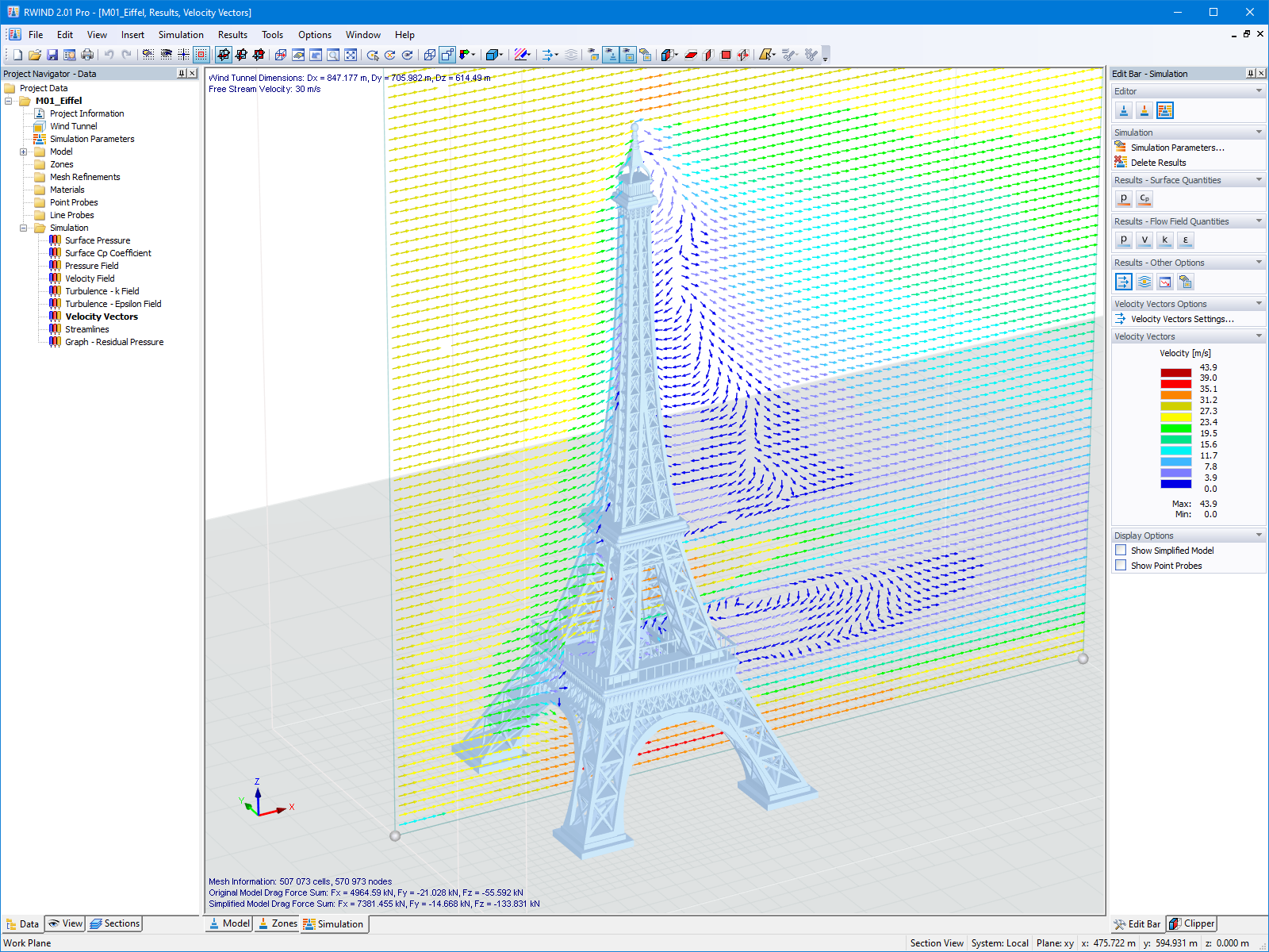 Wektory prędkości przepływu wiatru na modelu wieży Eiffla w RWIND