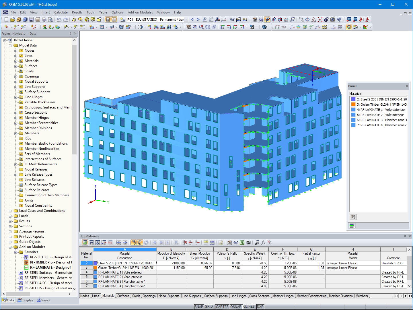 Model 3D konstrukcji drewnianej hotelu ' w programie RFEM