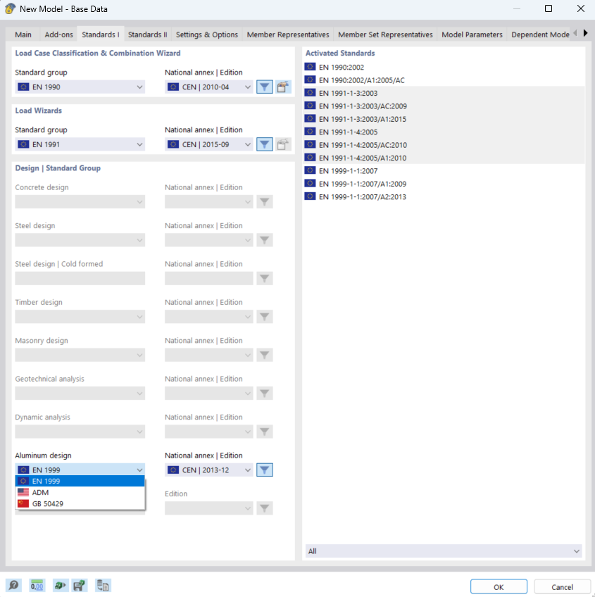 Okno 'Edycja podstawowych danych modelu', wybierz normę dla obliczeń aluminiowych