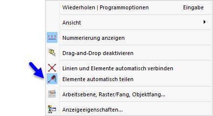 Funktion 'Elemente automatisch teilen' im allgemeinen Kontextmenü