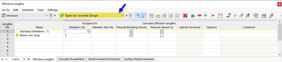 Przypisywanie pręta do typu długości efektywnej dla obliczeń betonu w tabeli