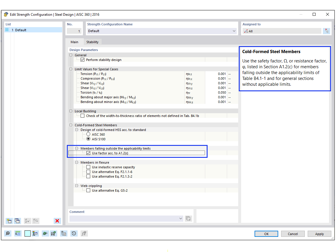 FAQ 005378 | Czy program RFEM sprawdza granice stosowalności tabeli AISI B4.1-1?