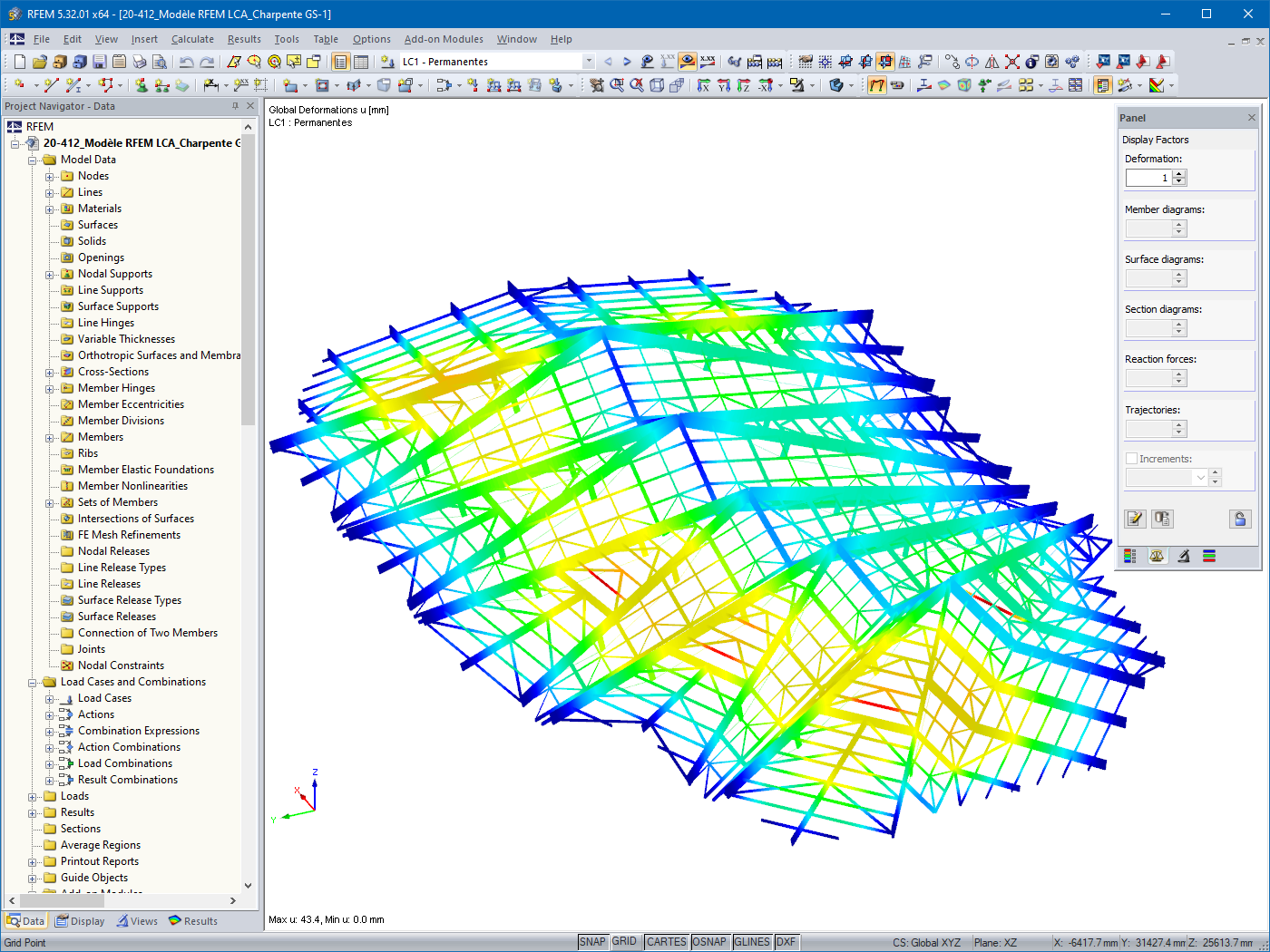 Odkształcenia pod wpływem obciążenia wiatrem w RFEM 5 (© LCA Construction Bois)