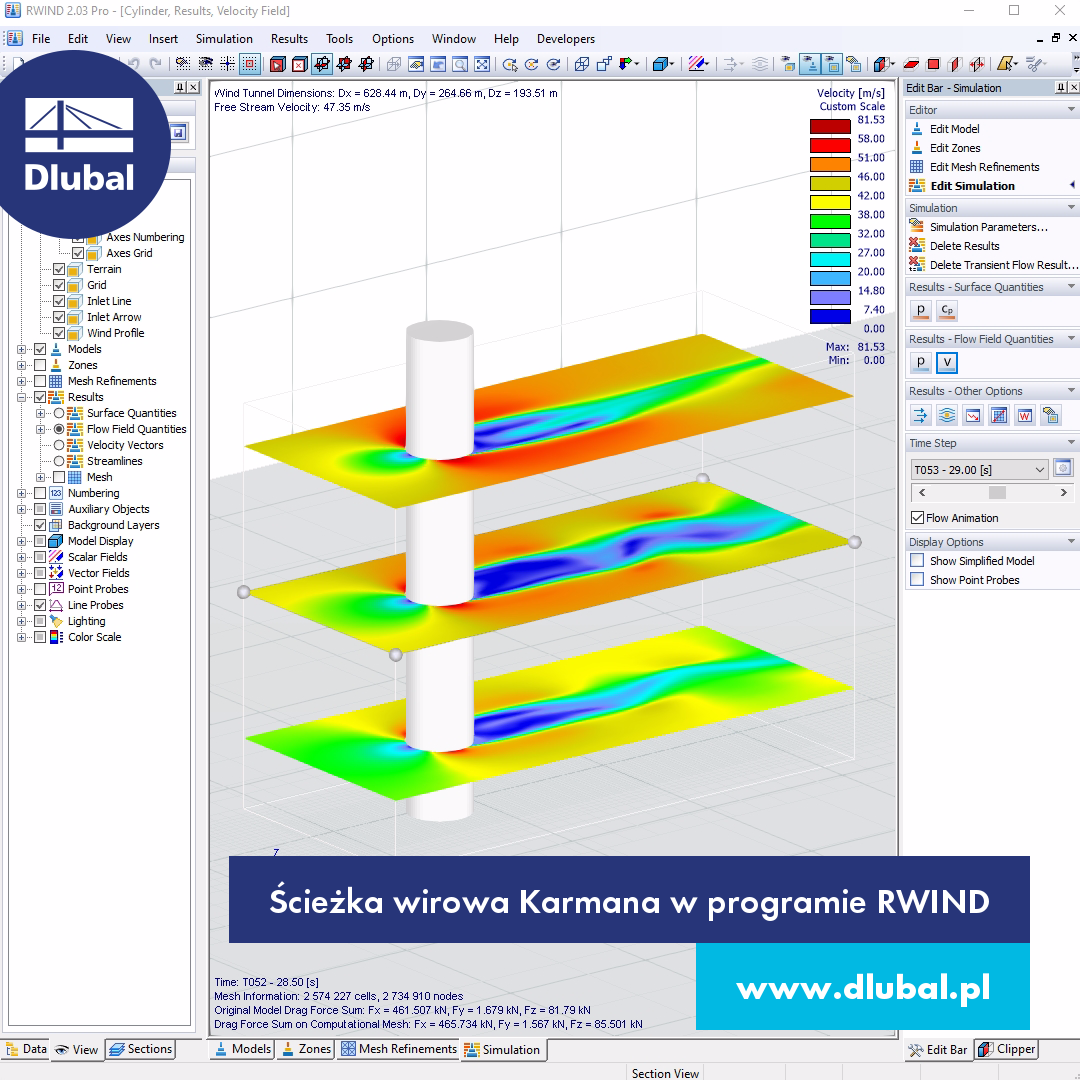 Ścieżka wirowa Karmana w programie RWIND