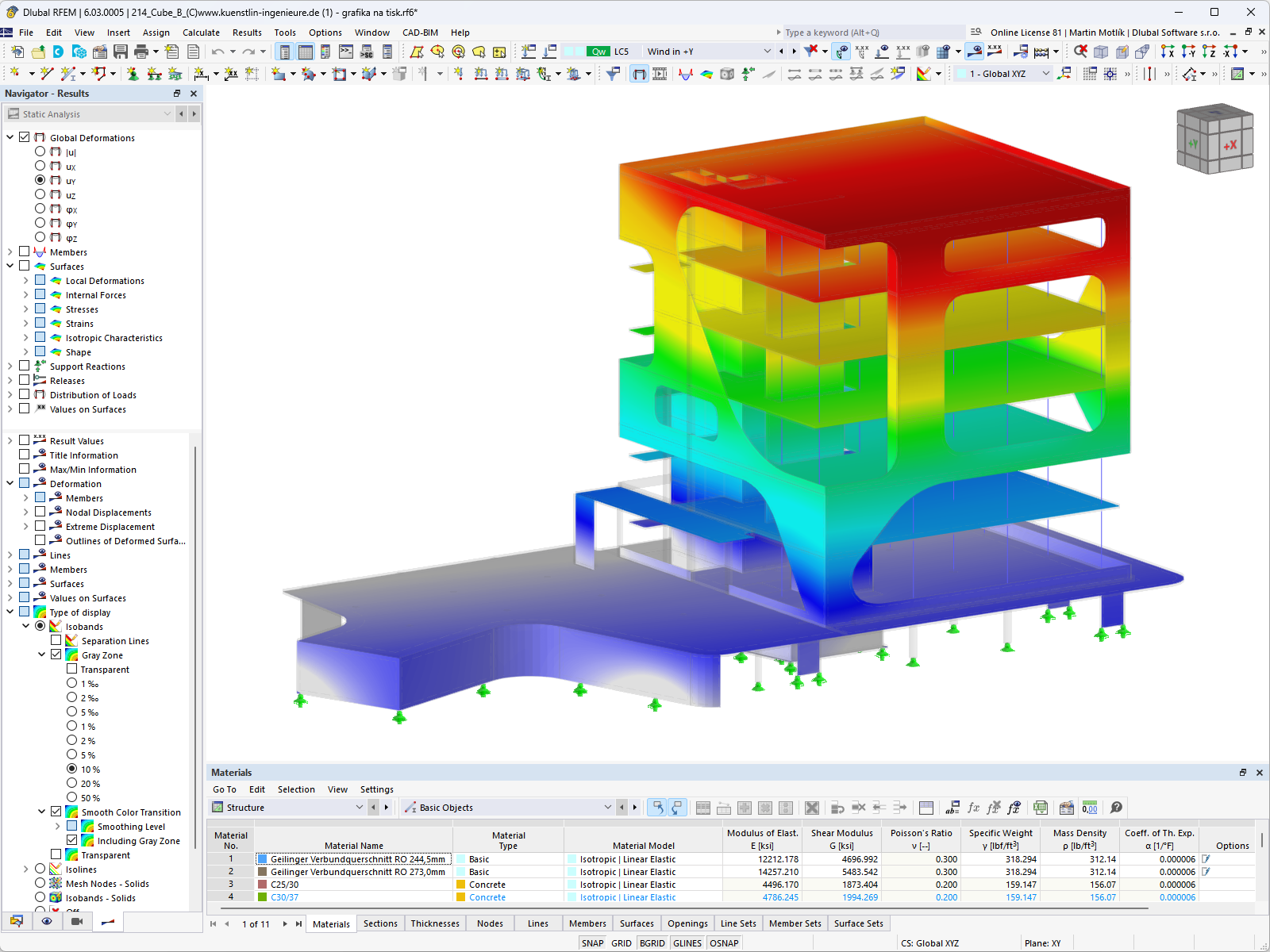 Model budynku w RFEM 6 przedstawiający przebieg deformacji pod obciążeniem wiatrem obliczonym w programie do symulacji wiatru CFD RWIND.