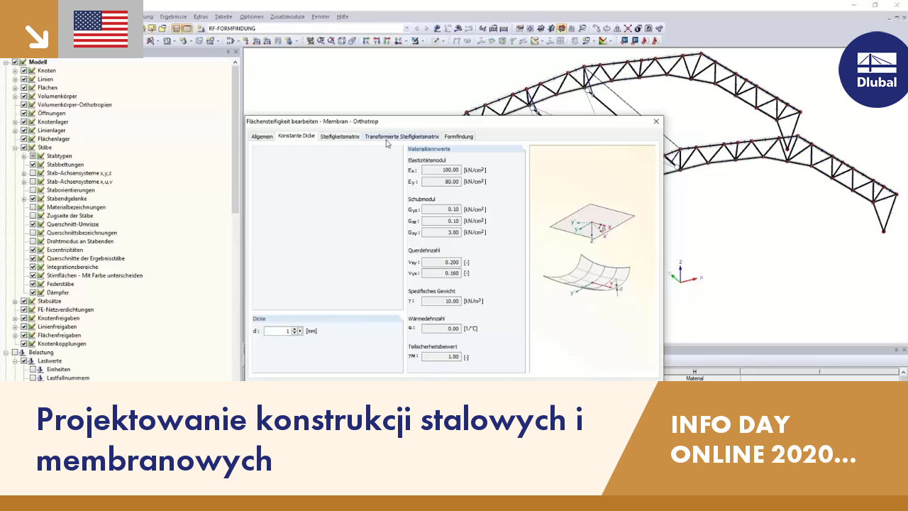 Program do komputerowego wspomagania projektowania, wyświetlający interfejs do projektowania konstrukcji stalowych i membran, z wieloma paskami narzędzi oraz modelem 3D.