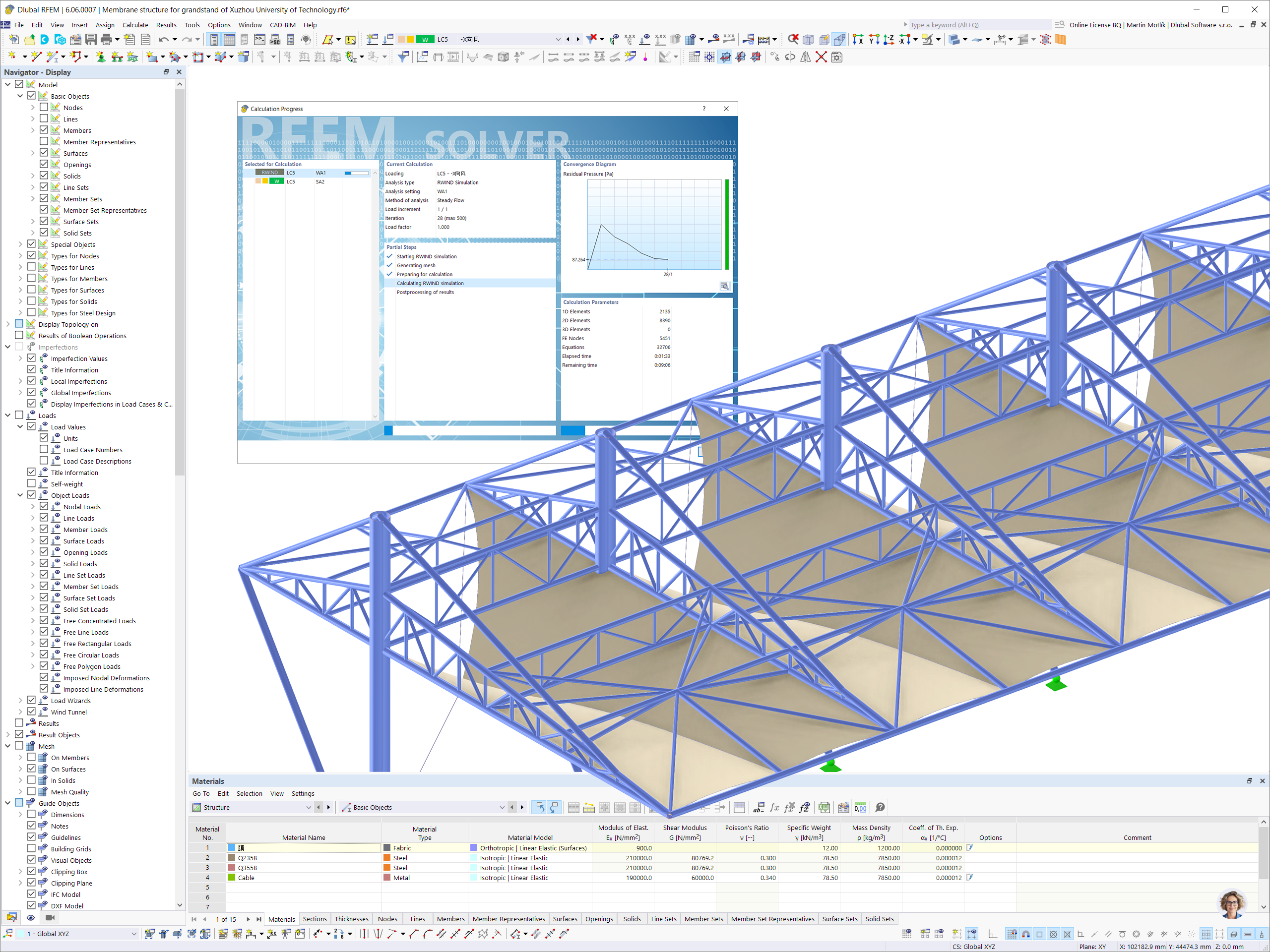 Model w RFEM stalowego zadaszenia trybuny na Xuzhou University of Technology, Chiny