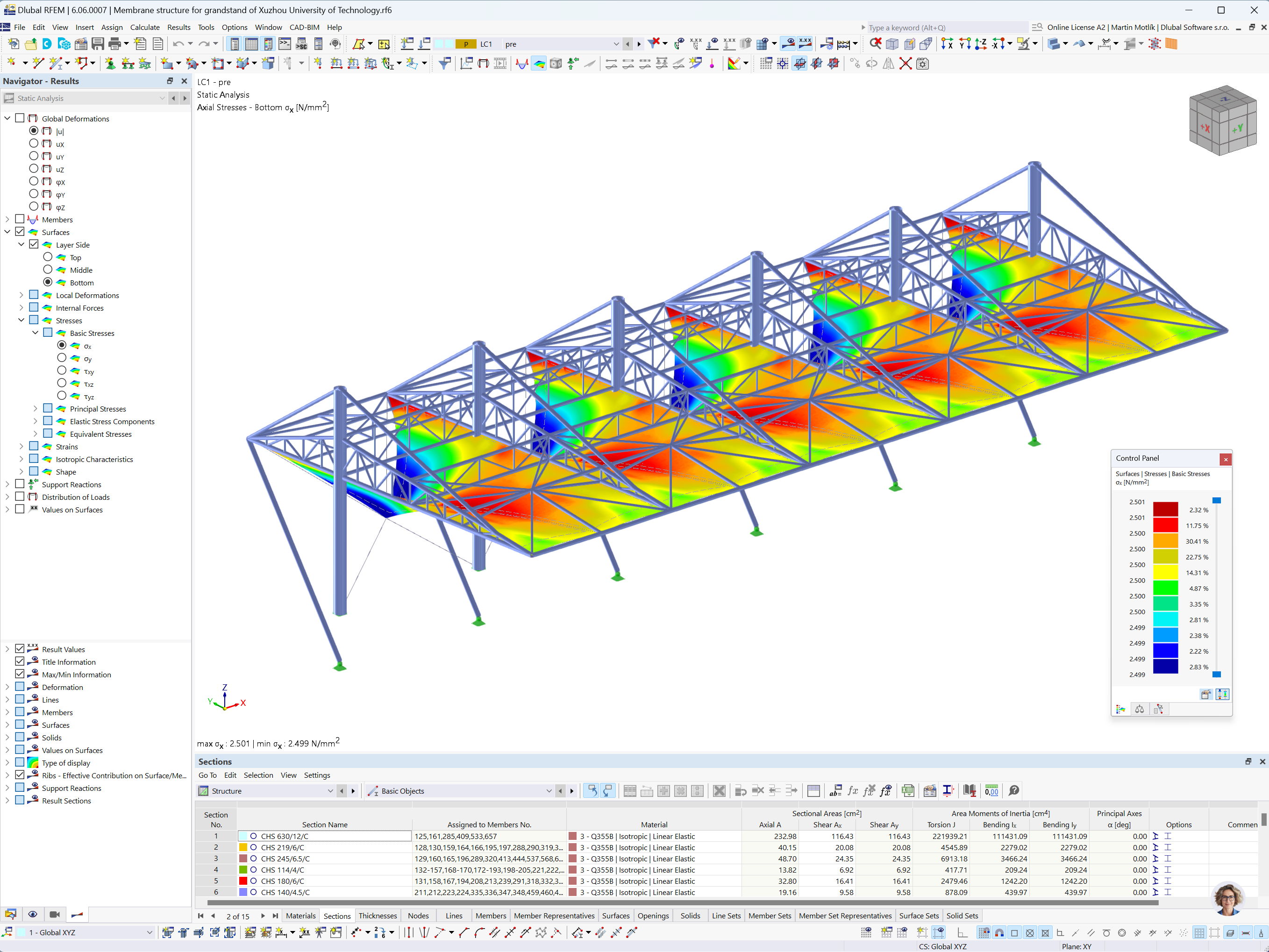 Model w RFEM z naprężeniami membranowymi