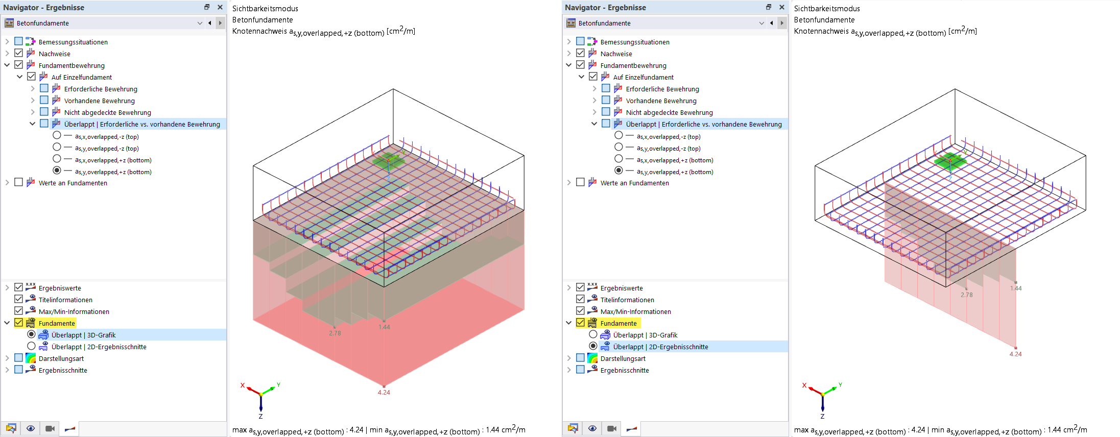 Fundamenty betonowe | Nakładające się zbrojenie jako grafika 3D lub przekroje wynikowe 2D