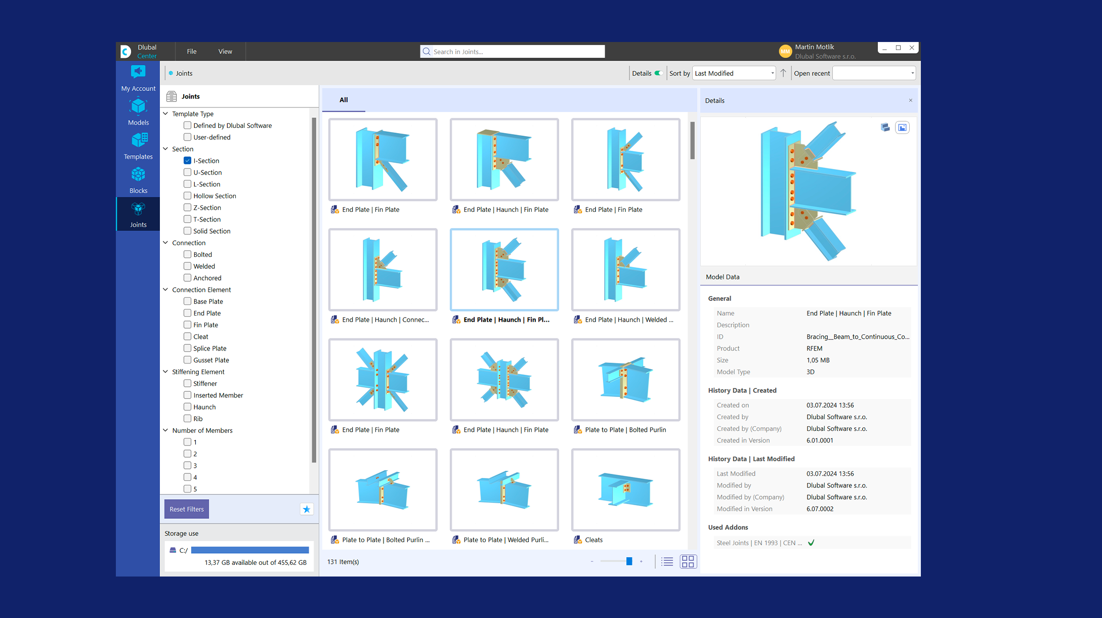 Steel joints blocks displayed in Dlubal Center software interface.