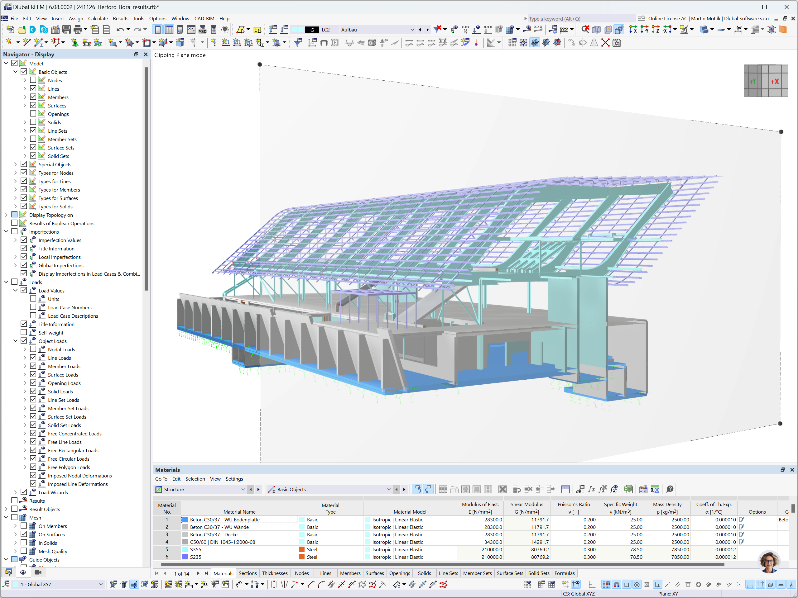 Model RFEM sklepu BORA w Herford z widokiem sekcji 3D