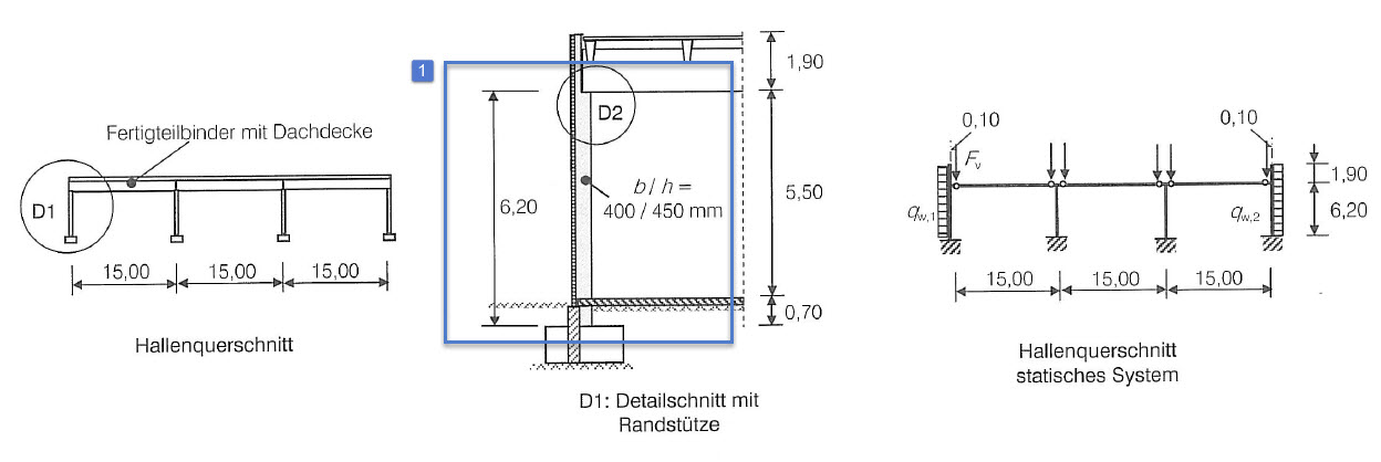 Schemat konstrukcyjny w RFEM (fragment [2]) z oznaczeniem analizowanego słupa (1)