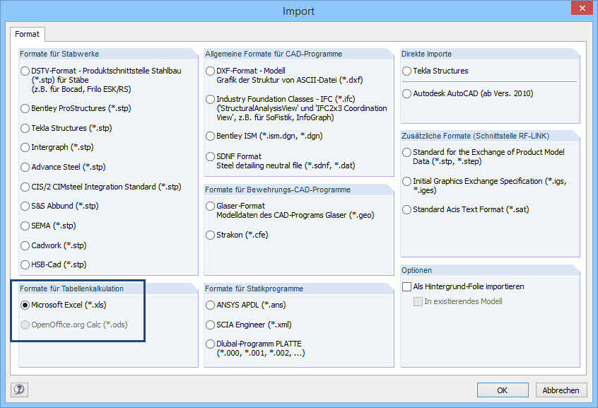 Transferência de dados do MS Excel para o RFEM 6