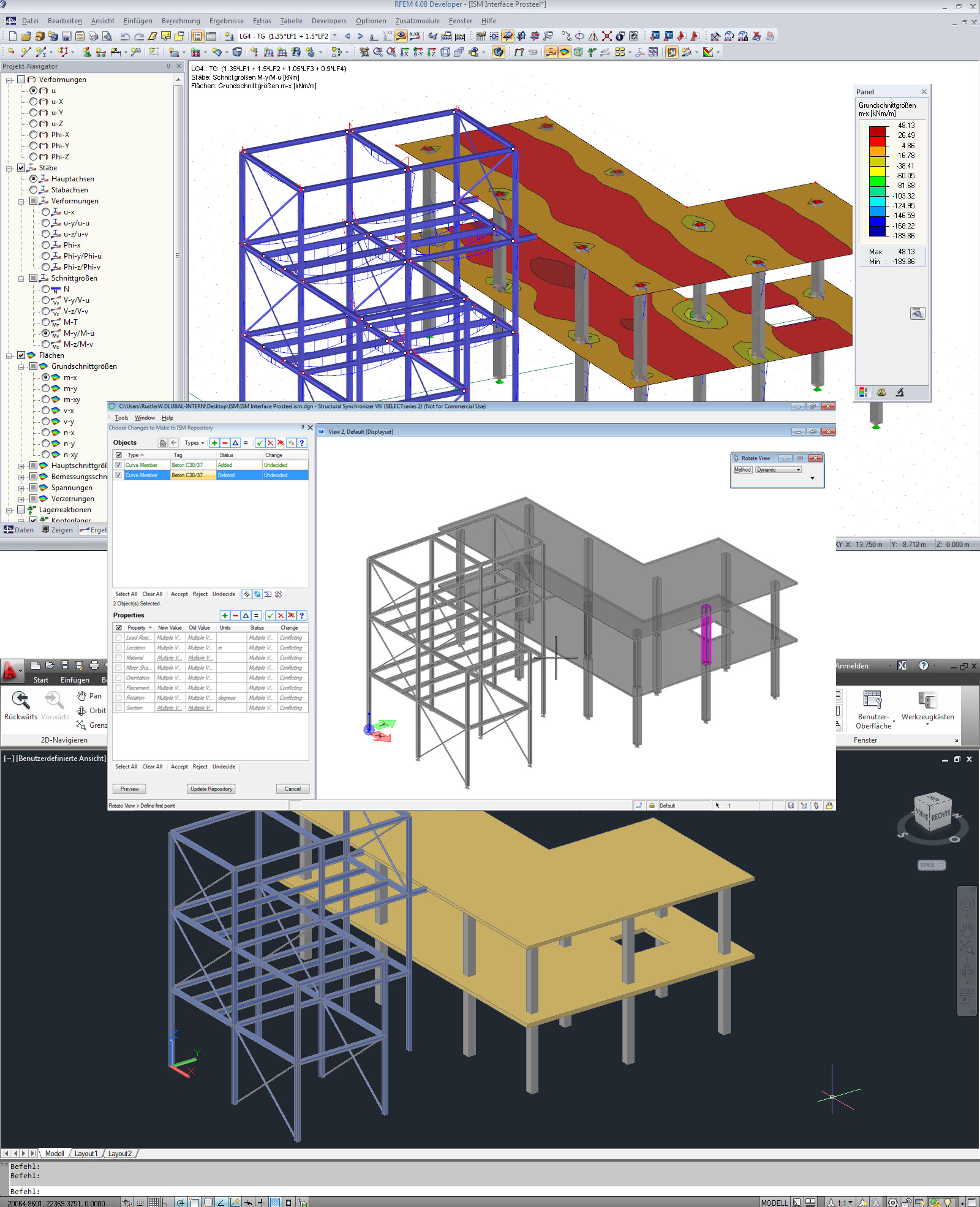 Interface ISM com modelo no RFEM (superior), ISM Viewer (meio) e ProStructure (inferior)