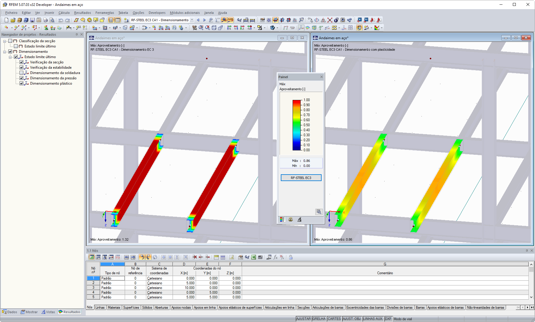 Stahlbemessung in RFEM ohne (links) und mit (rechts) RF-STAHL Plastizität