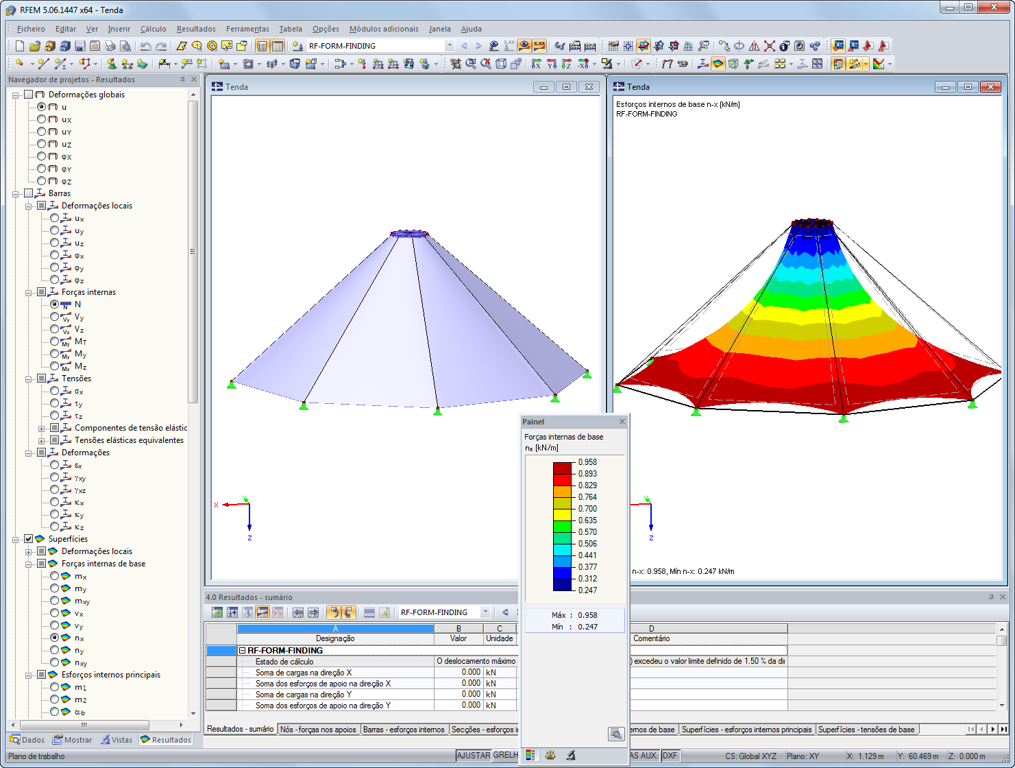 Estrutura de tenda antes e após a determinação da forma no RFEM