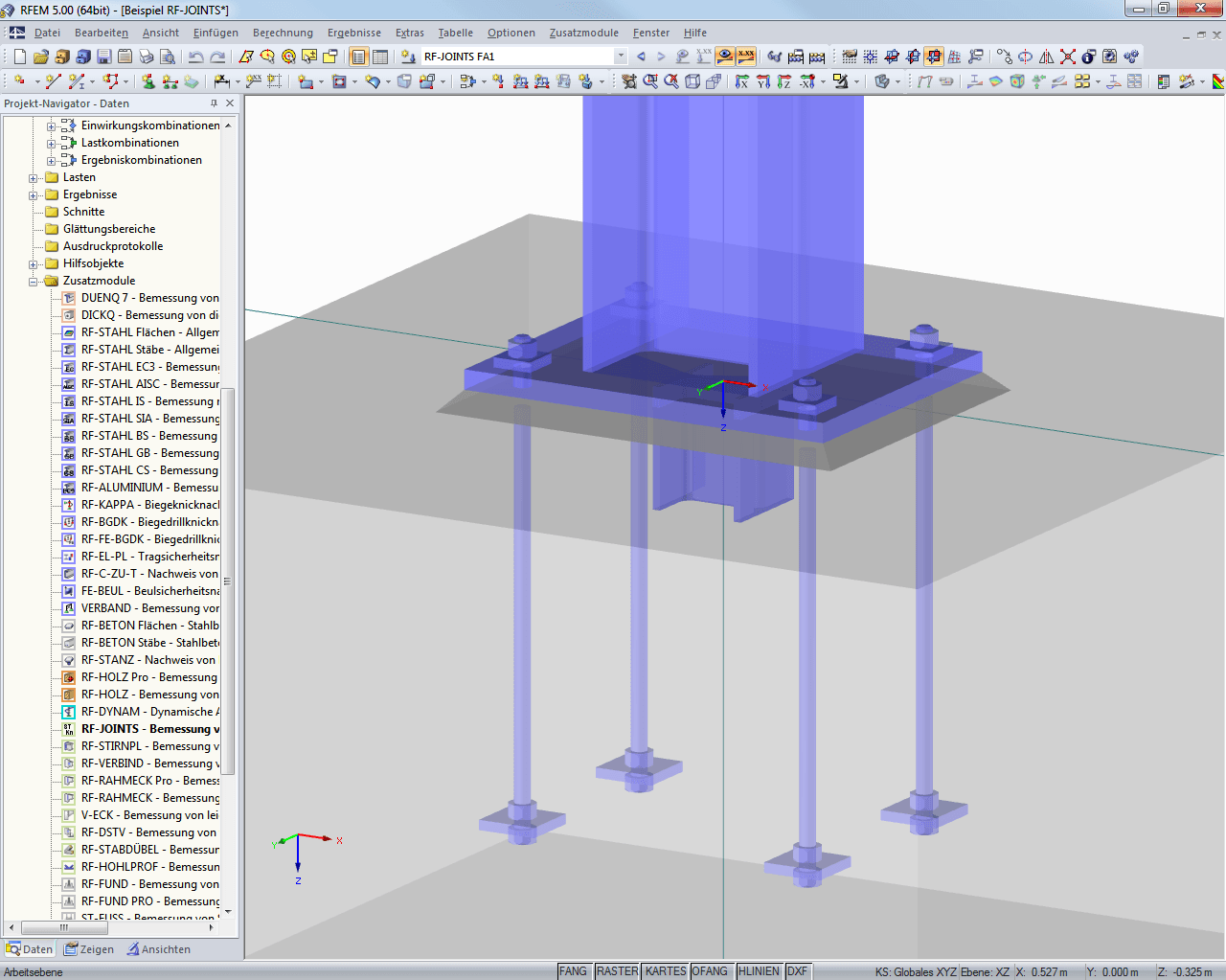 Visualisierter Fußpunkt aus RF-JOINTS Stahl - Stützenfuß in RFEM