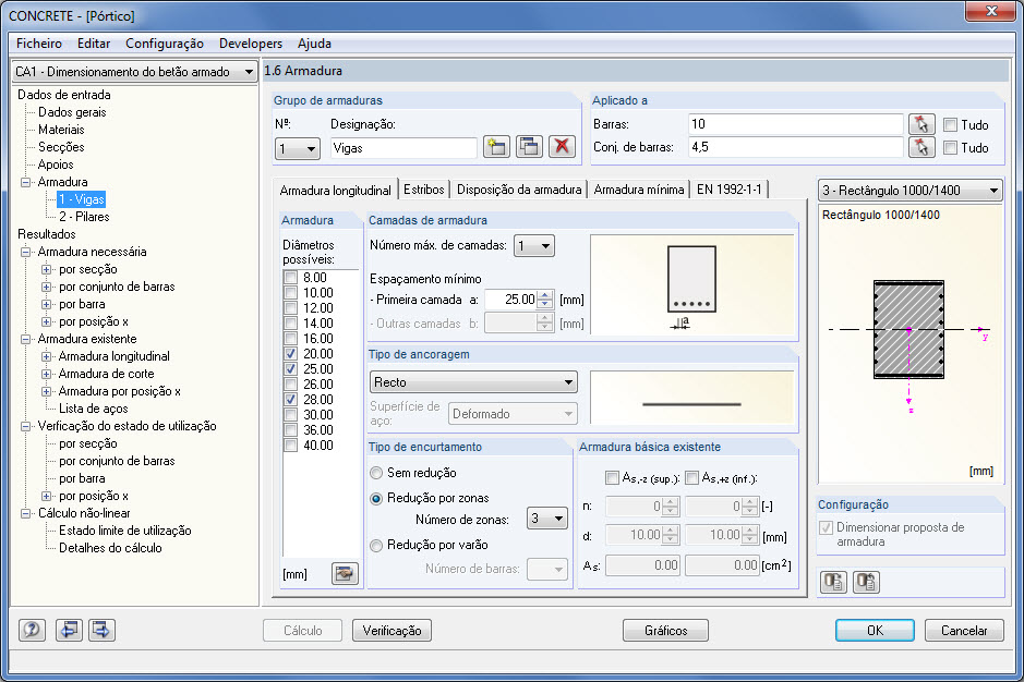 Janela 1.6 Armadura longitudinal