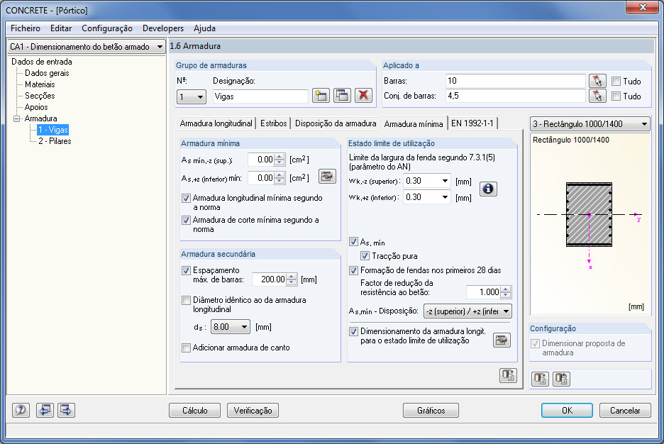 Janela 1.6 Armadura mínima