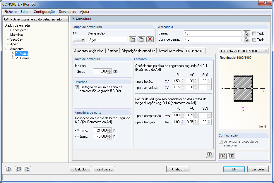 Janela 1.6 Configurações específicas da norma