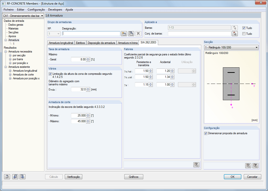 Maske 1.6 Bewehrung - Register SIA 262 (RF-BETON Stäbe)