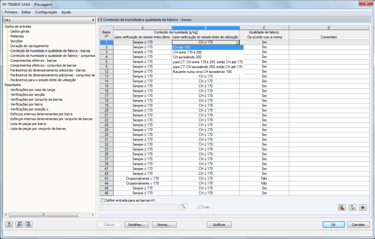 Janela 1.5 Conteúdo de humidade e qualidade de fabricação - Barras