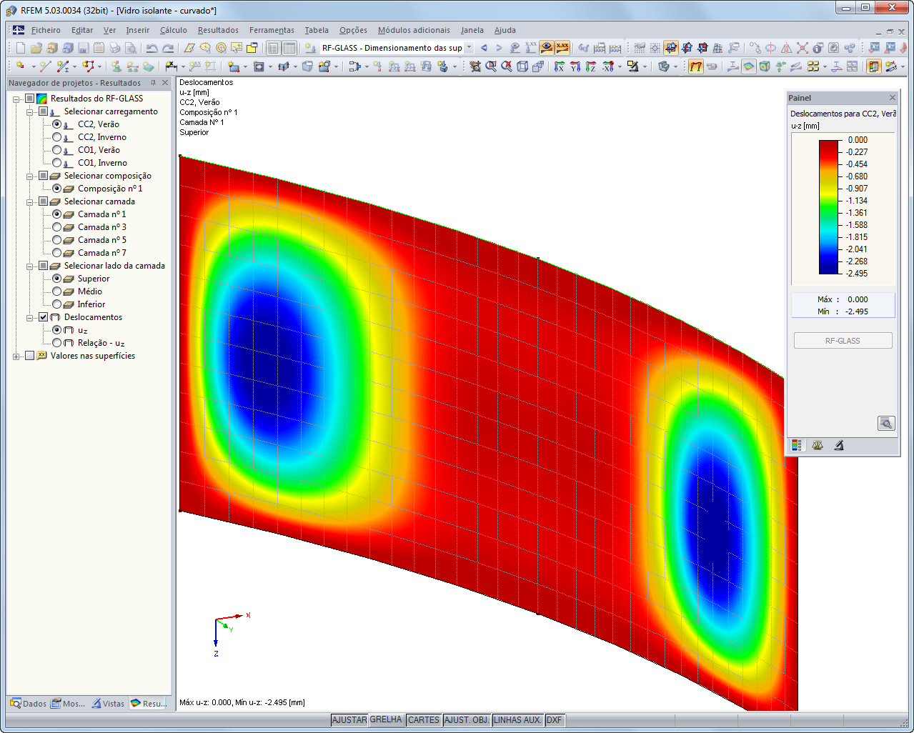 Resultados no gráfico RFEM - Deslocamentos