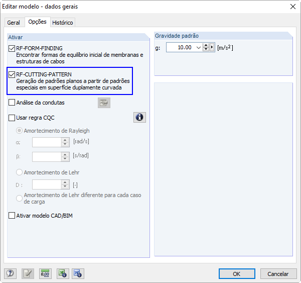 Ativação do RF-CUTTING-PATTERN nos dados gerais do RFEM