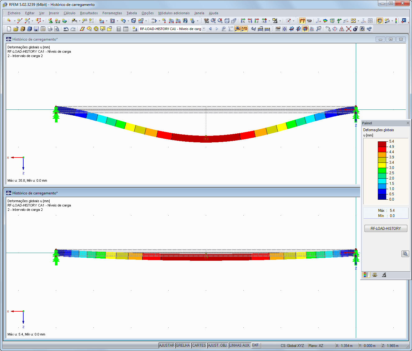 Darstellung der Verformung unter Volllast sowie plastische Verformung nach Entlastung in RFEM