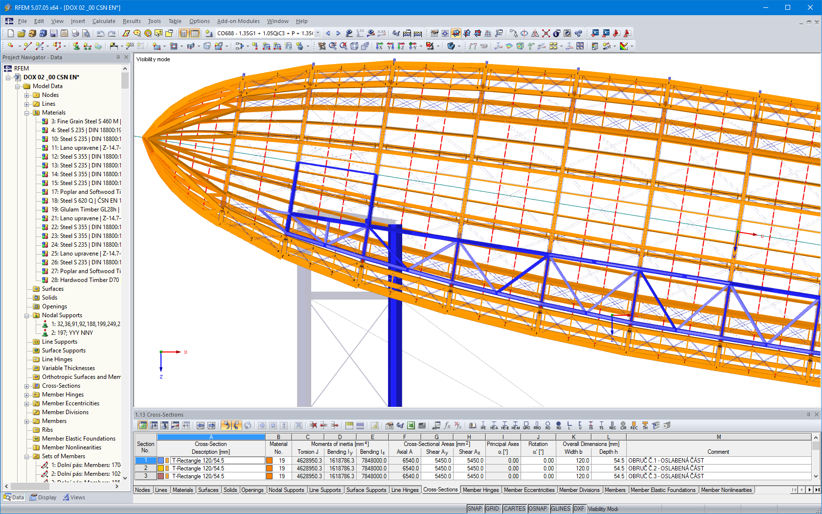 Vista longitudinal da estrutura do zepelim no RFEM