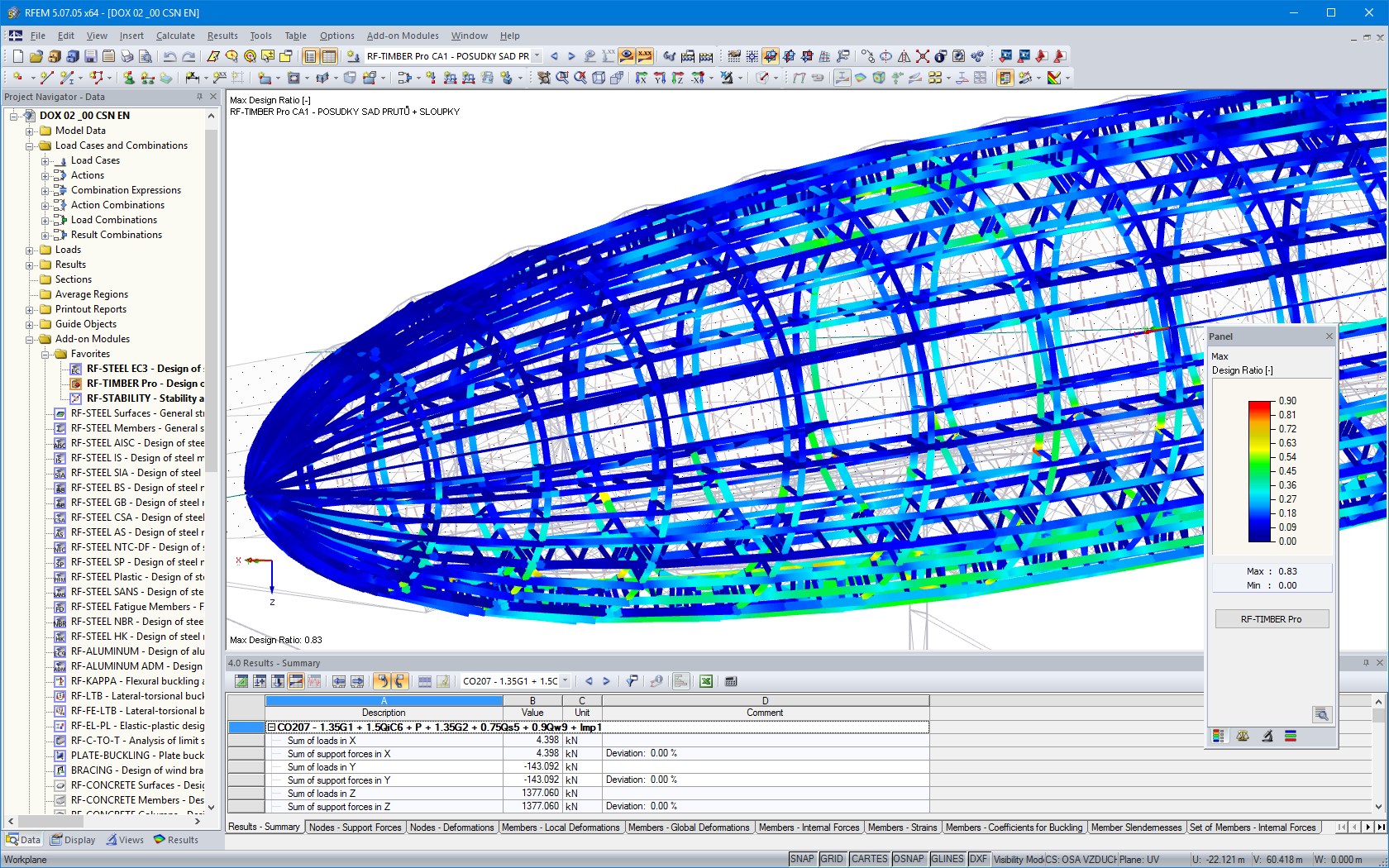 Resultados do dimensionamento de madeira do RF-TIMBER Pro