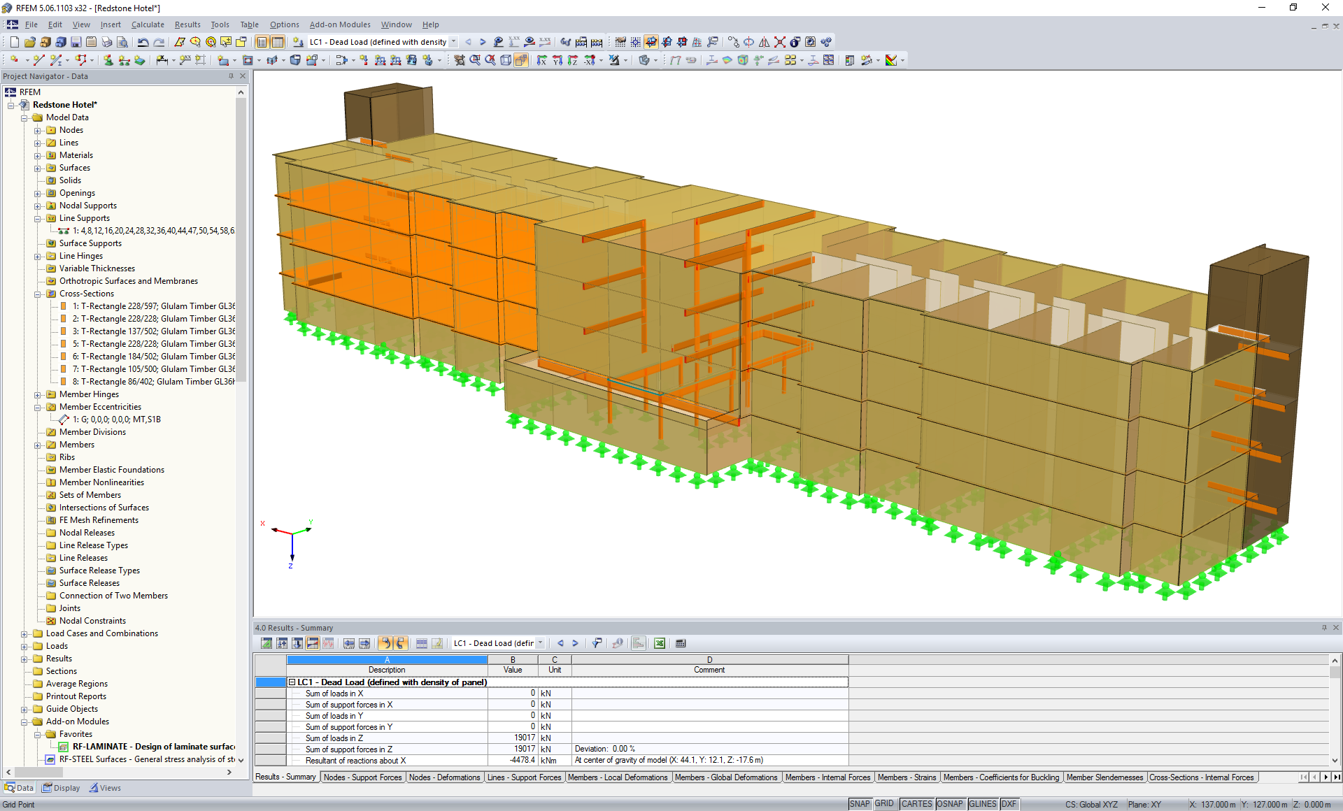 Modelo em 3D da construção de hotel no RFEM