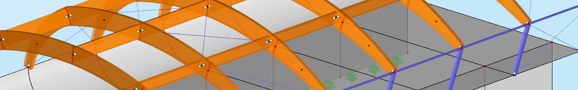 FEM-Statikprogramm RFEM | Modell einer Holz-Stahl-Stahlbeton-Halle