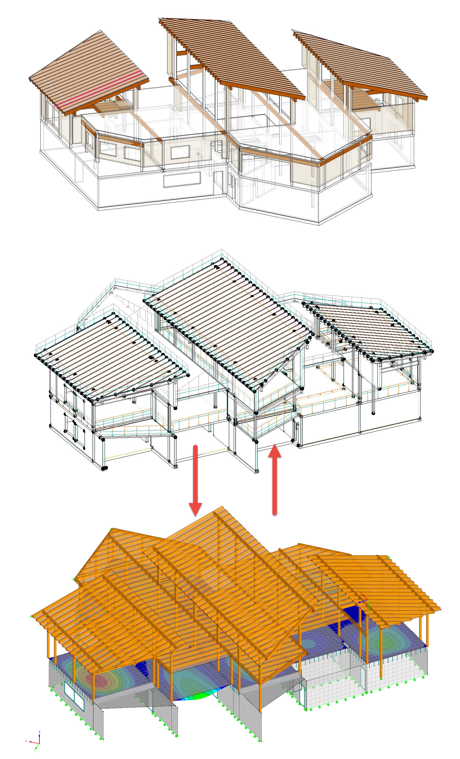 Em cima: Modelo físico do Revit, meio: modelo analítico no programa Revit, em baixo: modelo no programa RFEM (© AGA-Bau)