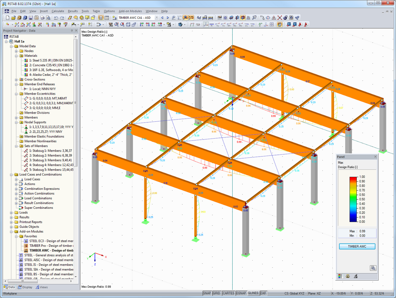 Representação 3D com resultados de dimensionamento do TIMBER AWC