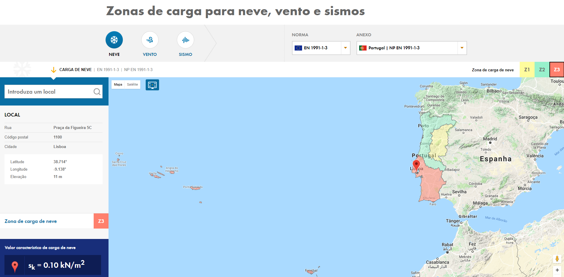 Mapa das zonas de carga de neve na página da Dlubal