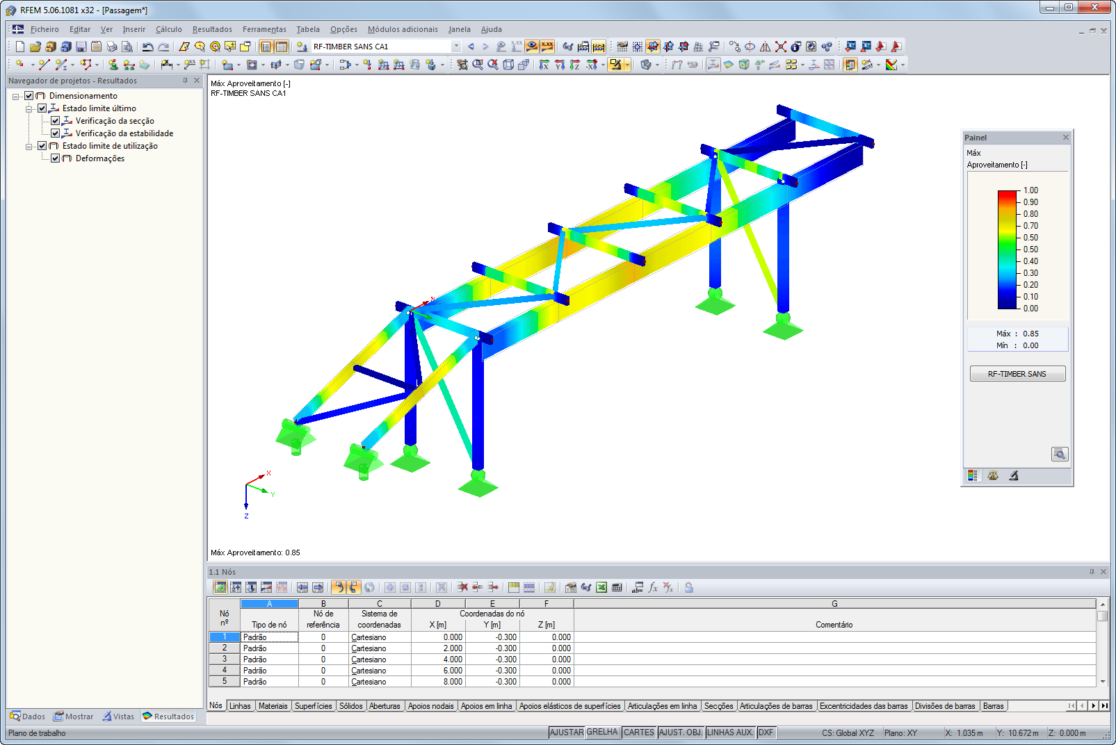 Representação gráfica dos resultados do RF-/TIMBER SANS Dimensionamento no RFEM