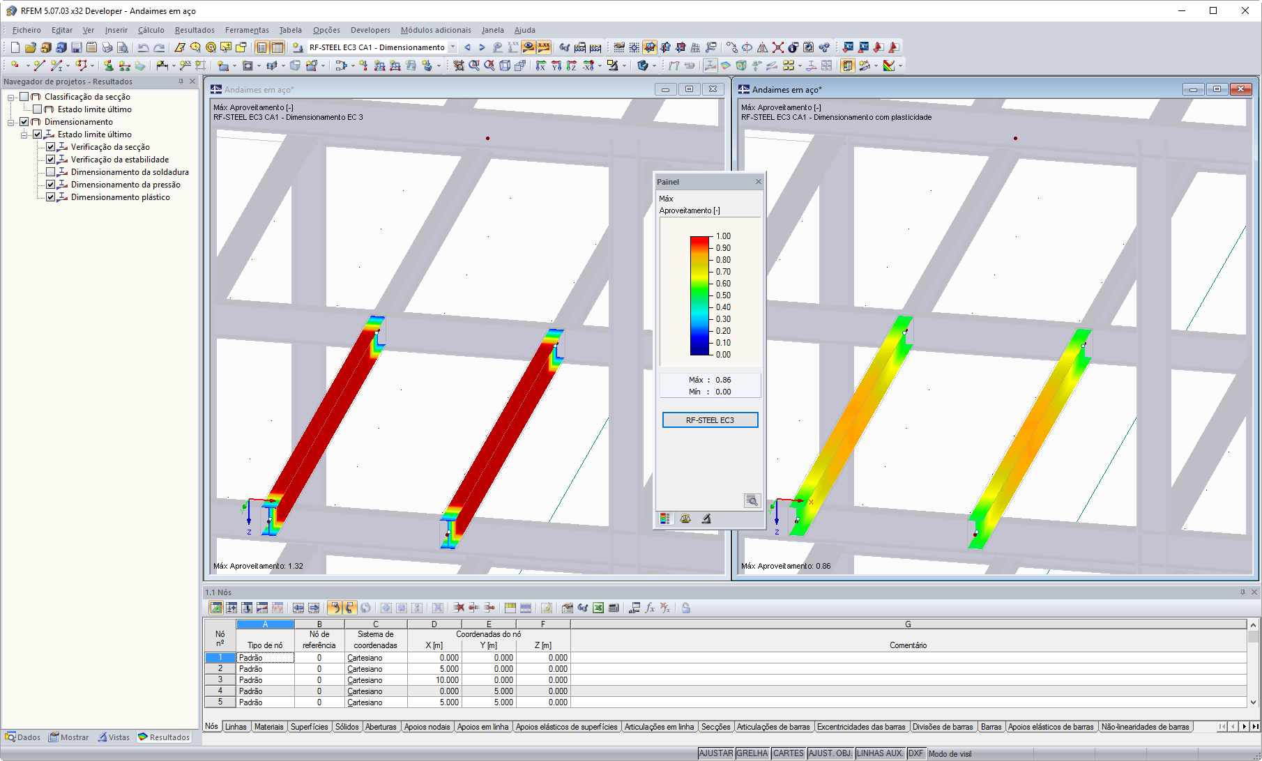 Dimensionamento de aço no RFEM sem (esquerda) e com (direita) RF-STEEL Plasticity